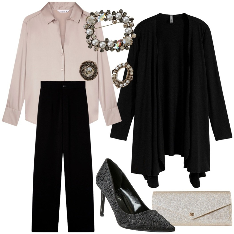 Outfit donna - Serata fra amiche. Stile Chic per Serata fuori. Abbinamento con cardigans, pantaloni, camicie, décolleté, pochette, cappotti.