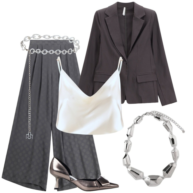 Outfit donna - Riunione di lavoro. Stile Basic per Ufficio. Abbinamento con cinture, décolleté, canottiere, blazer, pantaloni a palazzo, ciondoli.