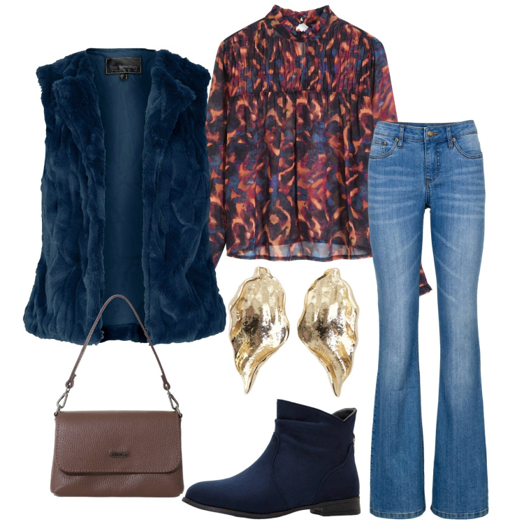 Outfit donna - Total look #2266421. Stile Etnico per Tutti i giorni. Abbinamento con jeans bootcut, gilet, bluse, stivaletti, borse a tracolla, orecchini.