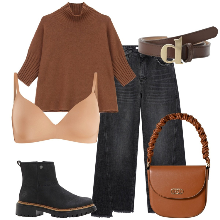 Outfit donna - Apericena. Stile Basic per Serata fuori. Abbinamento con stivaletti, jeans, reggiseni a balconcino, borse a mano, maglieria, cinture.