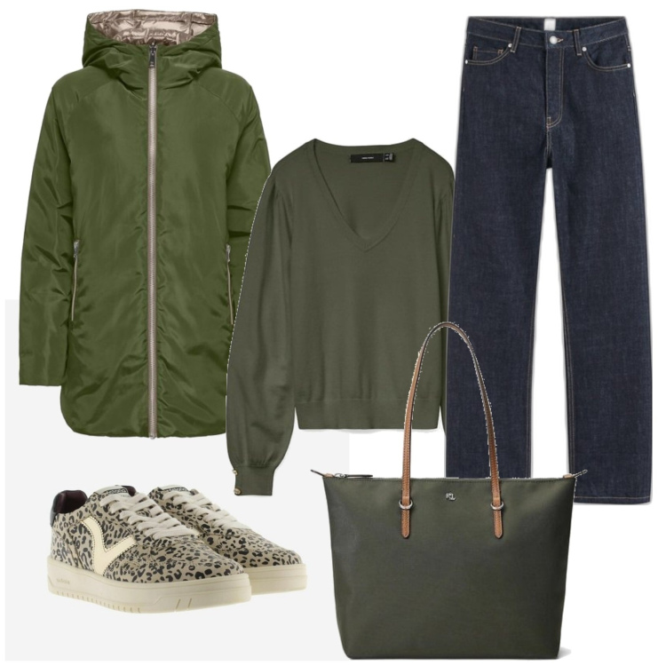 Outfit mujer - Casual look. Estilo Casual para Todos los días. Combinación con parka, vaqueros rectos, bolso tote, prendas de punto, sneakers.