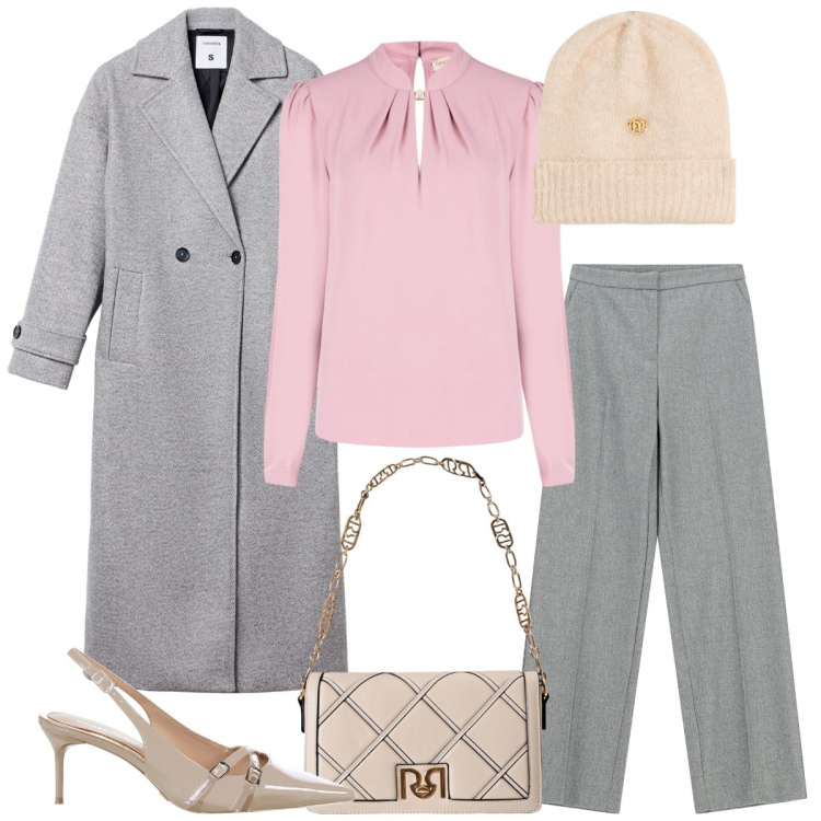 Outfit donna - Grigio e rosa. Stile Basic per Cerimonia. Abbinamento con cappotti, bluse, borse a tracolla, décolleté, pantaloni a palazzo, berretti.