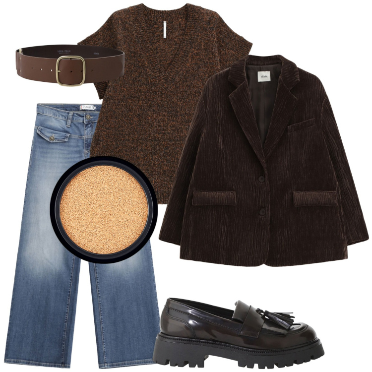 Outfit donna - Total look #2266428. Stile Casual per Tutti i giorni. Abbinamento con fondotinta, jeans, cinture, mocassini, blazer, maglieria.
