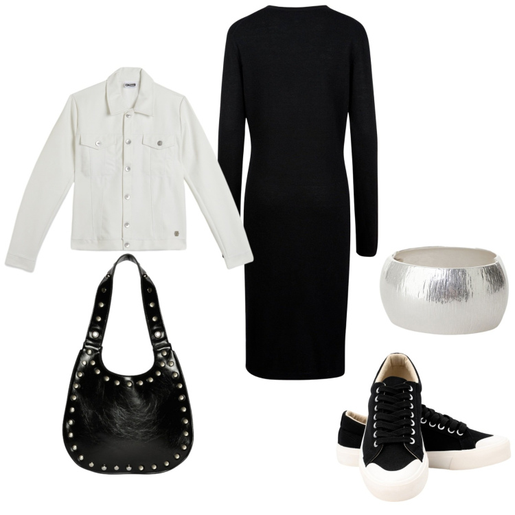 Outfit donna - Total look #2266429. Stile Casual chic per Tutti i giorni. Abbinamento con anelli, giacche, sneakers, vestiti midi/longuette, borse a spalla.