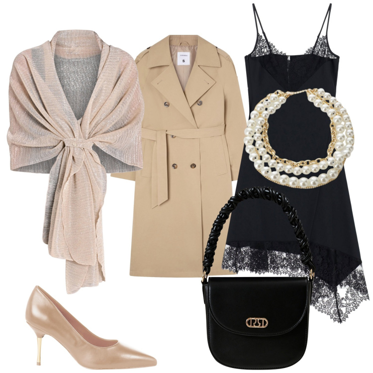 Outfit donna - Aria di festa. Stile Sexy per Serata fuori. Abbinamento con trench, stole, décolleté, borse a mano, vestiti asimmetrici, collane.