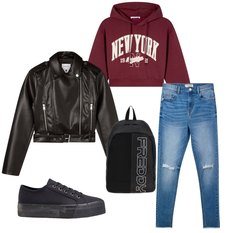 Outfit donna - Total look #2266431. Stile Basic per Scuola/Università. Abbinamento con sneakers, jeans strappati, felpe con cappuccio, giacche, zaini.