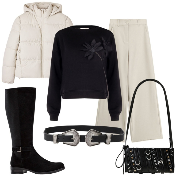 Outfit donna - Serata con amici. Stile Basic per Serata fuori. Abbinamento con stivali, bomber, cinture, felpe, borse a spalla, pantaloni a palazzo.