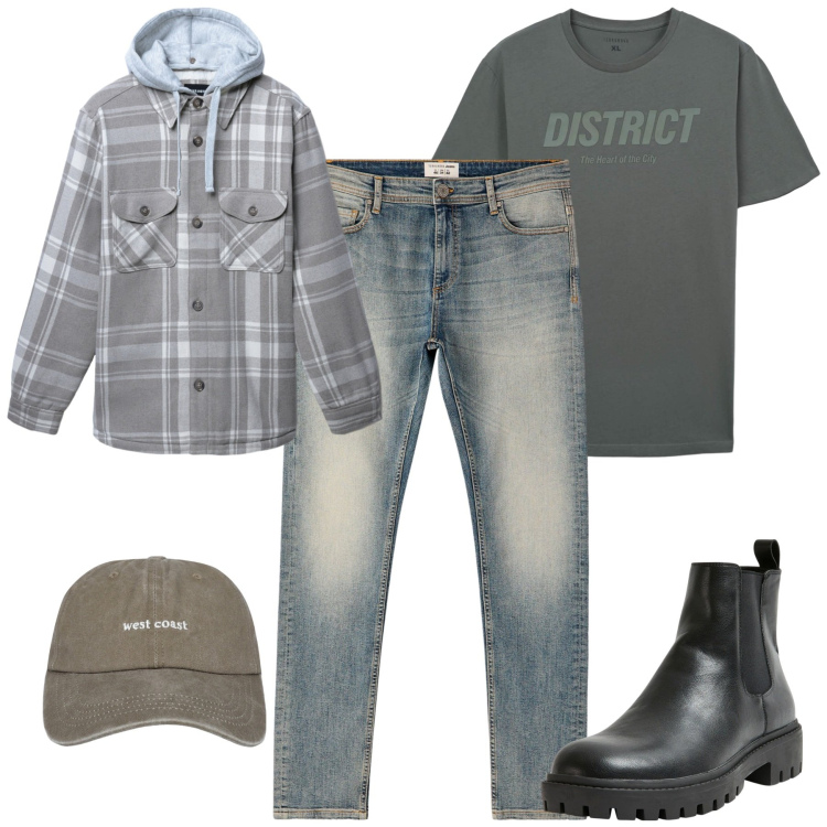 Outfit uomo - Ottobre. Stile Casual per Tutti i giorni. Abbinamento con stivali e stivaletti, cappelli con visiera, jeans skinny, cappotti, t-shirt.