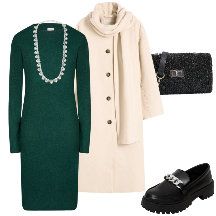 Outfit donna - In ufficio. Stile Casual chic per Ufficio. Abbinamento con cappotti, mocassini, borse a tracolla, collane, vestiti midi/longuette.