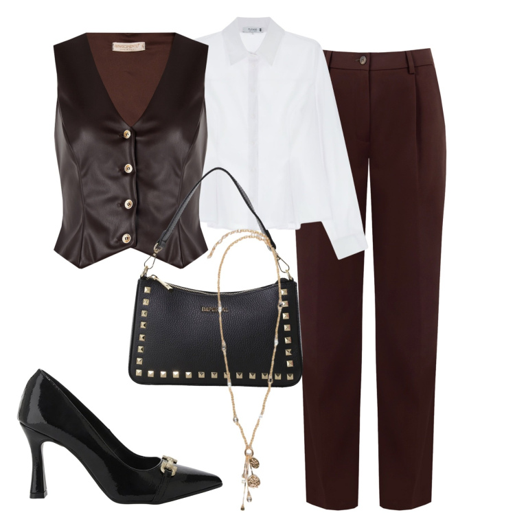 Outfit donna - City. Stile Trendy per Tutti i giorni. Abbinamento con camicie, pantaloni, gilet, pochette, décolleté, ciondoli.