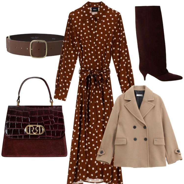 Outfit donna - Classico con brio. Stile Chic per Tutti i giorni. Abbinamento con cappotti, cinture, stivali, vestiti, borse a mano.