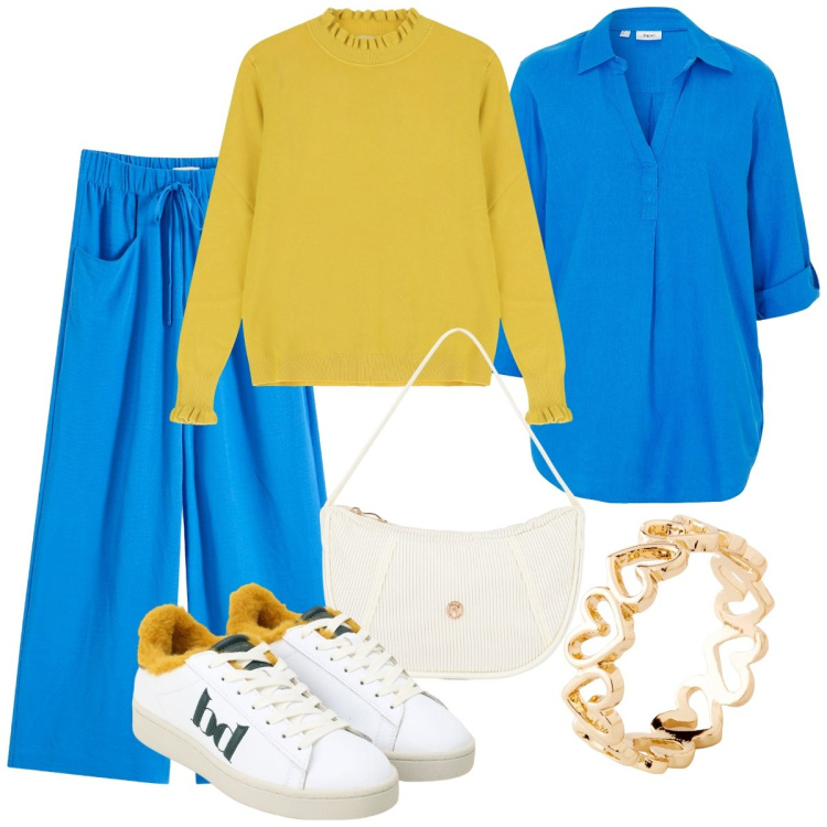 Outfit donna - Blu elettrico. Stile Basic per Tutti i giorni. Abbinamento con bluse, anelli, pantaloni, maglieria, sneakers, borse a mano.