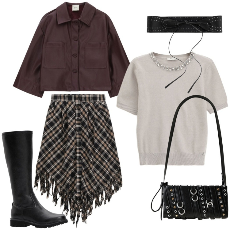 Outfit donna - La gonna a frange tartan. Stile Casual chic per Tutti i giorni. Abbinamento con stivali, cinture, borse a spalla, gonne longuette, blazer, maglieria.