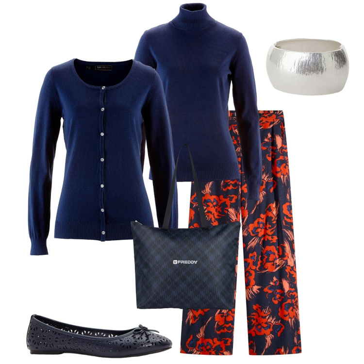 Outfit donna - Total look #2266444. Stile Bon Ton per Scuola/Università. Abbinamento con pantaloni a palazzo, cardigans, maglieria, ballerine, anelli, shopping bag.