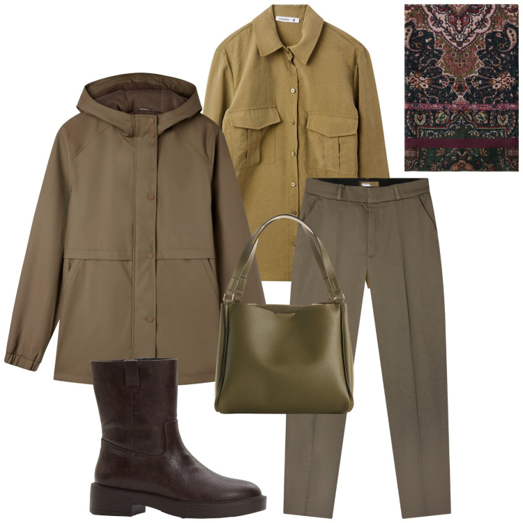 Outfit donna - Total look #2266446. Stile Casual chic per Tutti i giorni. Abbinamento con stivaletti, borse a mano, pantaloni chino, blazer, camicie, foulard.