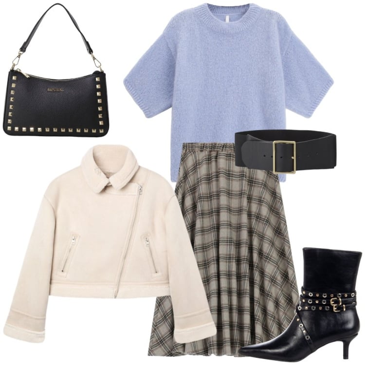 Outfit donna - Cinema con le amiche. Stile Urban per Serata fuori. Abbinamento con giacche, cinture, gonne longuette, stivaletti, pochette, maglieria.