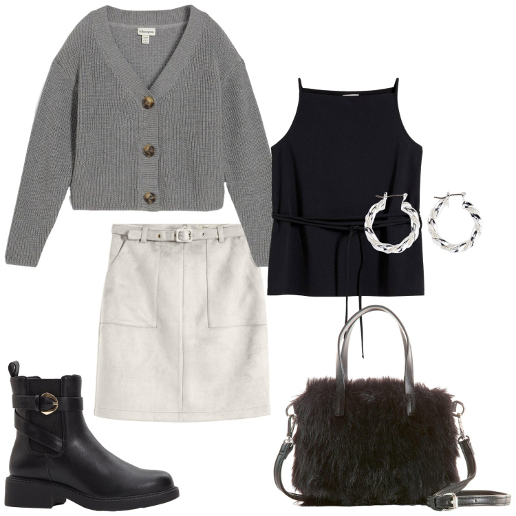 Outfit donna - Autunno. Stile Casual per Tutti i giorni. Abbinamento con orecchini, gonne, top, stivaletti chelsea, cardigans, borse a mano.