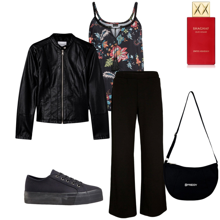 Outfit donna - Total look #2266451. Stile Casual per Tutti i giorni. Abbinamento con sneakers, top, pantaloni a palazzo, profumi, giacche, borse a spalla.