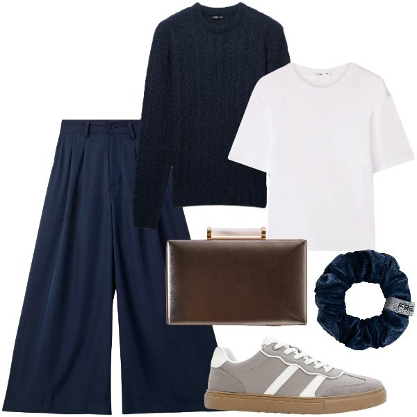 Outfit donna - Clutch anche con un look casual. Stile Casual chic per Tutti i giorni. Abbinamento con sneakers, pantaloni, t-shirt, pullovers, clutch, accessori per capelli.