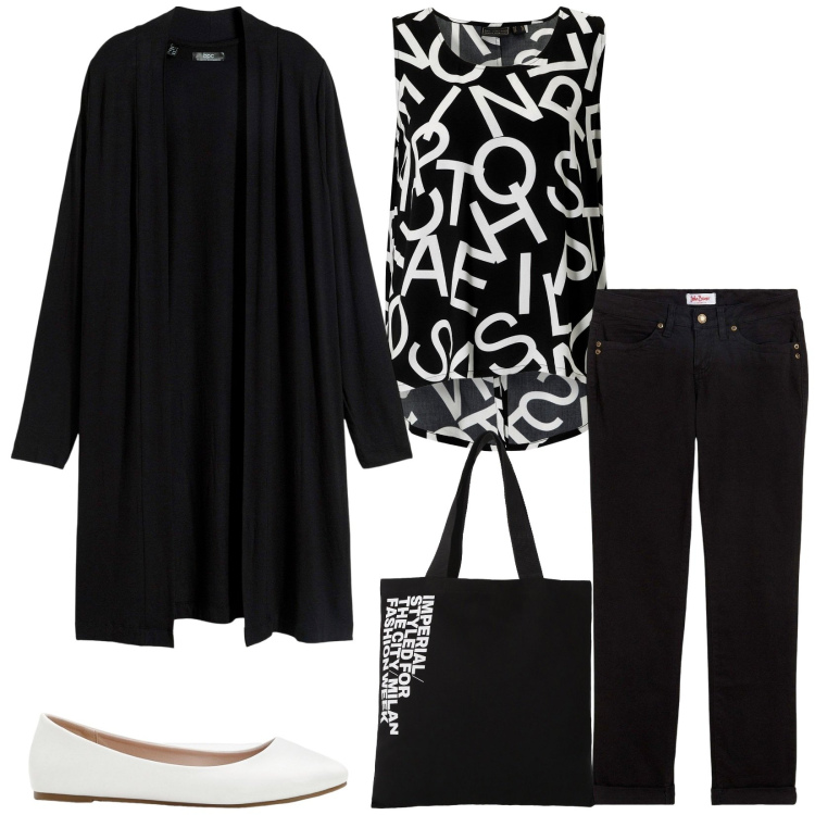 Outfit donna - Total look #2266454. Stile Casual per Tutti i giorni. Abbinamento con cardigans, jeans dritti, ballerine, top, shopping bag.
