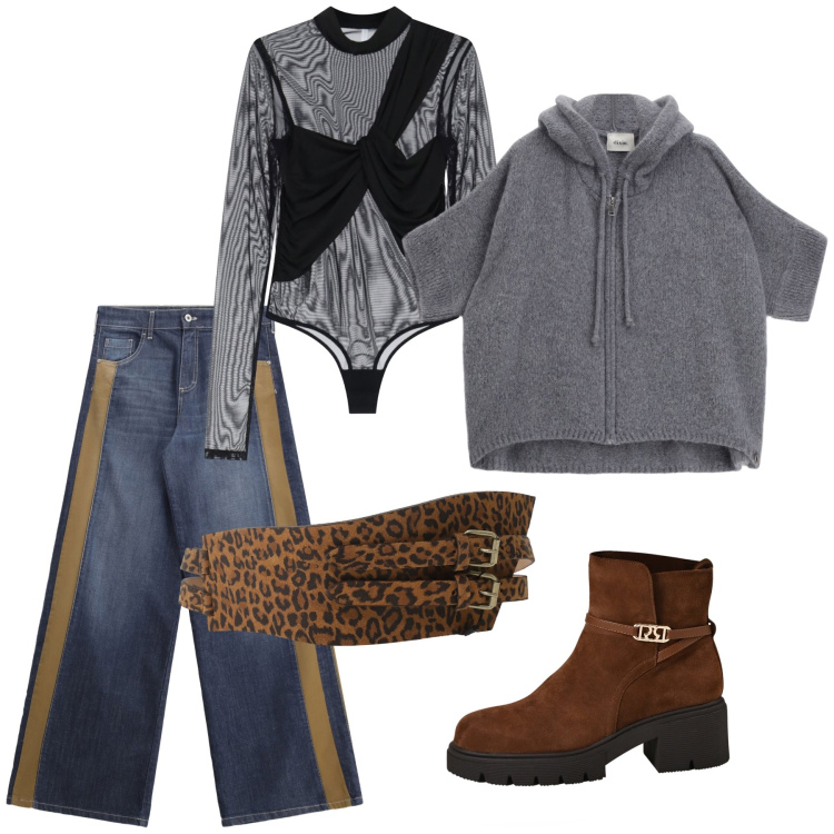 Outfit donna - Serata tranquilla. Stile Casual per Serata fuori. Abbinamento con jeans a zampa, cardigans, cinture, stivaletti, body.