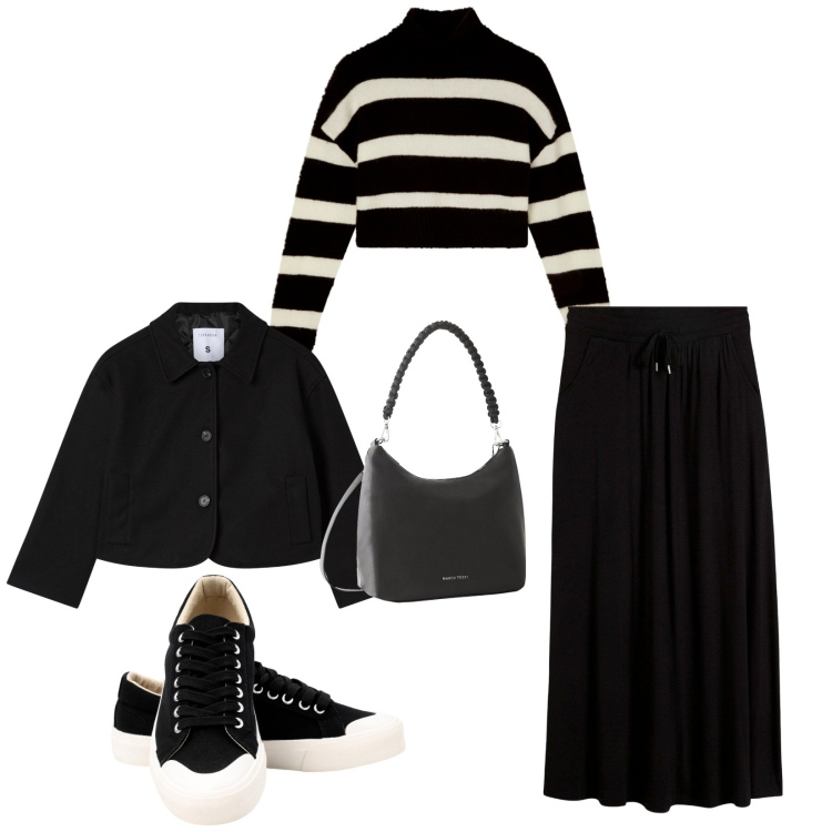 Outfit donna - Total look #2266456. Stile Casual chic per Tutti i giorni. Abbinamento con gonne, borse a mano, maglieria, blazer, sneakers.
