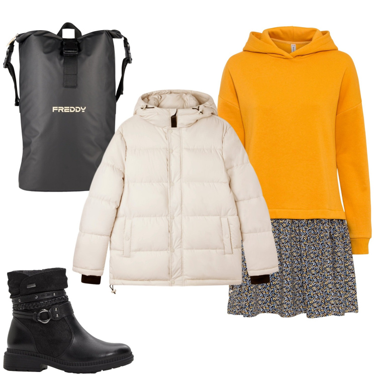Outfit donna - Passeggiata tra le foglie. Stile Casual per Tutti i giorni. Abbinamento con vestiti, stivaletti, bomber, borse sportive.