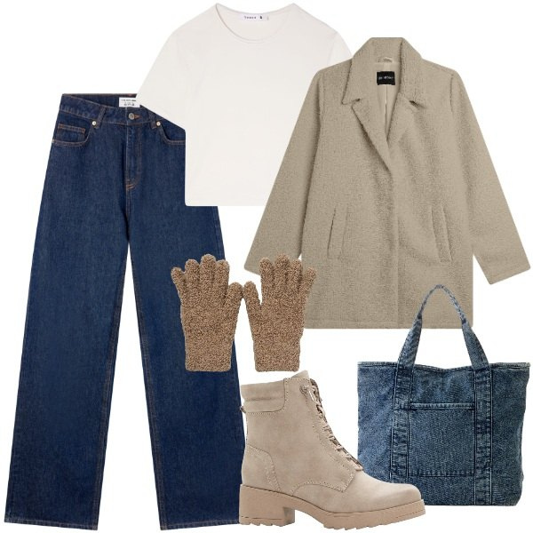 Outfit donna - T- shirt bianca e cappottino. Stile Casual chic per Tutti i giorni. Abbinamento con stivaletti, shopping bag, jeans, t-shirt, guanti, cappotti.