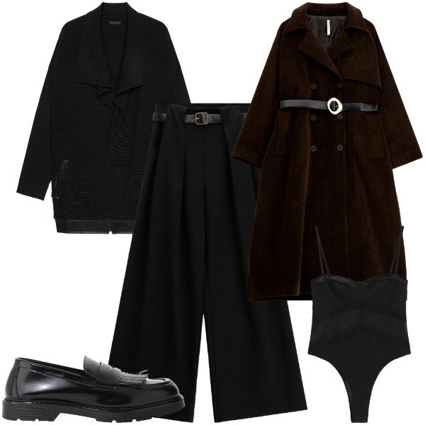Outfit donna - Black in town. Stile Basic per Ufficio. Abbinamento con cappotti, mocassini, pantaloni a palazzo, body, cardigans.