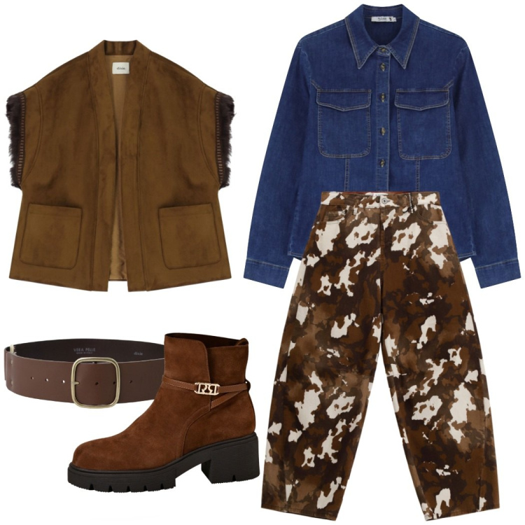 Outfit donna - Country style. Stile Casual per Tutti i giorni. Abbinamento con pantaloni a palazzo, camicie, cinture, gilet, stivaletti.