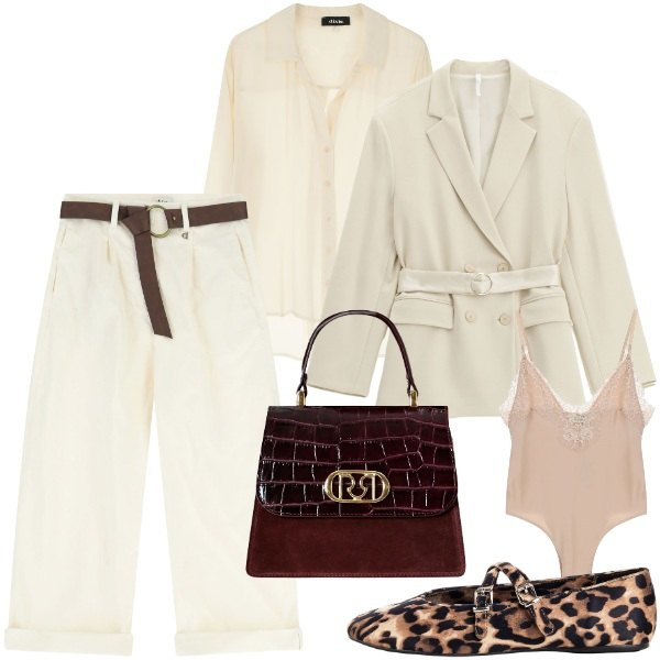 Outfit donna - Cream. Stile Basic per Tutti i giorni. Abbinamento con ballerine, borse a mano, blazer, body, pantaloni, camicie.