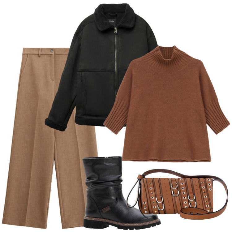 Outfit donna - Passeggiata tra le foglie. Stile Casual per Tutti i giorni. Abbinamento con stivali, giacche, borse a spalla, pantaloni, maglieria.