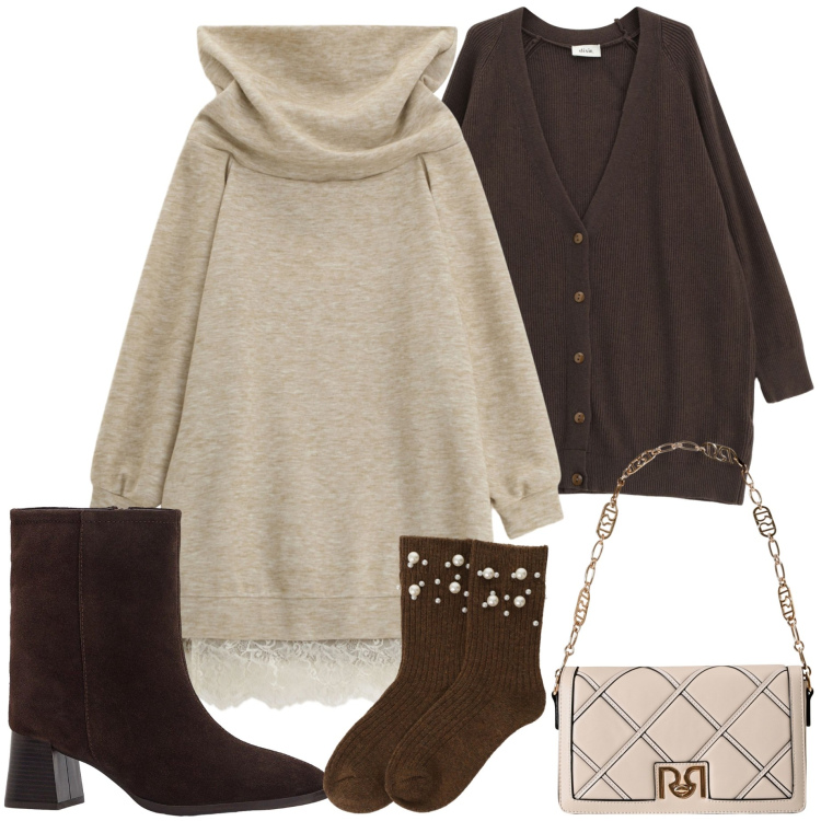 Outfit donna - Serata con amici. Stile Casual chic per Serata fuori. Abbinamento con stivaletti, vestiti asimmetrici, calzini, cardigans, borse a tracolla.