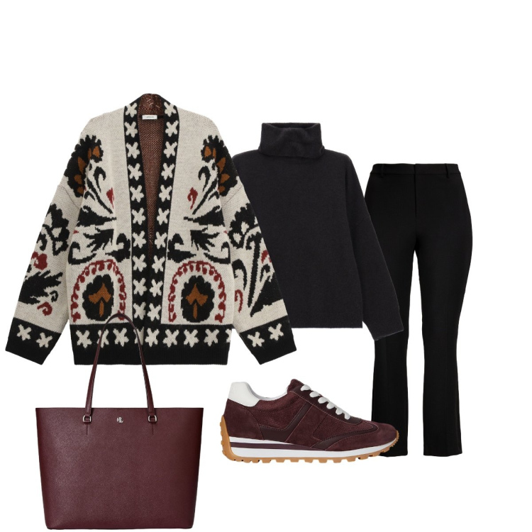 Outfit donna - La giacca di lana etnica. Stile Casual chic per Ufficio. Abbinamento con cardigans, maglieria, sneakers, borse tote, pantaloni.