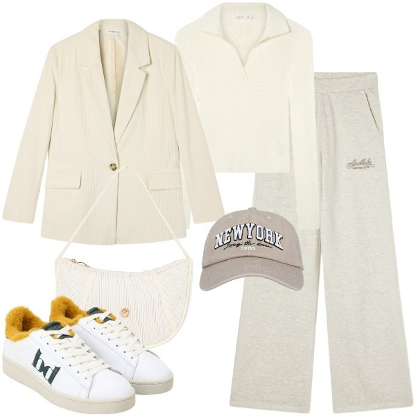 Outfit donna - Grande mela. Stile Casual chic per Tutti i giorni. Abbinamento con blazer, pantaloni, maglieria, cappelli con visiera, sneakers, borse a mano.