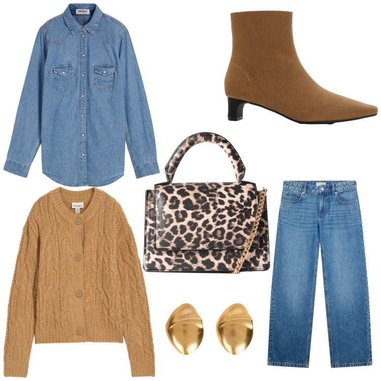 Outfit donna - Fall fashion. Stile Casual chic per Tutti i giorni. Abbinamento con camicie, stivaletti, cardigans, borse a tracolla, jeans, orecchini.