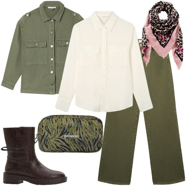 Outfit donna - Verde oliva in relax. Stile Casual chic per Tutti i giorni. Abbinamento con foulard, stivaletti, camicie, cappotti, jeans, valigie.