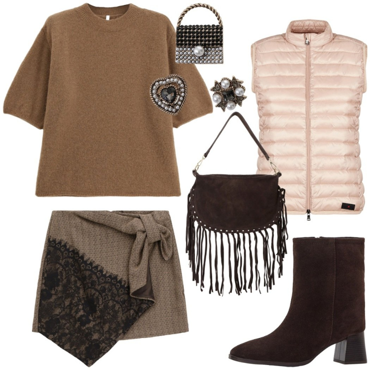 Outfit donna - Colori soft per l\'autunno. Stile Chic per Tutti i giorni. Abbinamento con stivaletti, borse a tracolla, minigonne, piumini, accessori per capelli, maglieria.