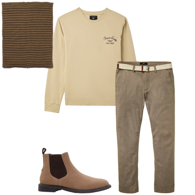 Outfit uomo - Total look #2266481. Stile Casual per Tutti i giorni. Abbinamento con pantaloni chino, stivali e stivaletti, felpe, scaldacollo.
