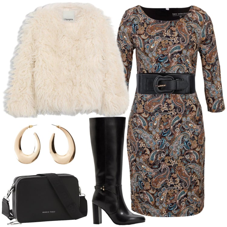 Outfit donna - Elegant Neutral by Nature By Bonprix. Stile Chic per Serata fuori. Abbinamento con vestiti, cinture, ecopellicce, stivali, borse a tracolla, orecchini.