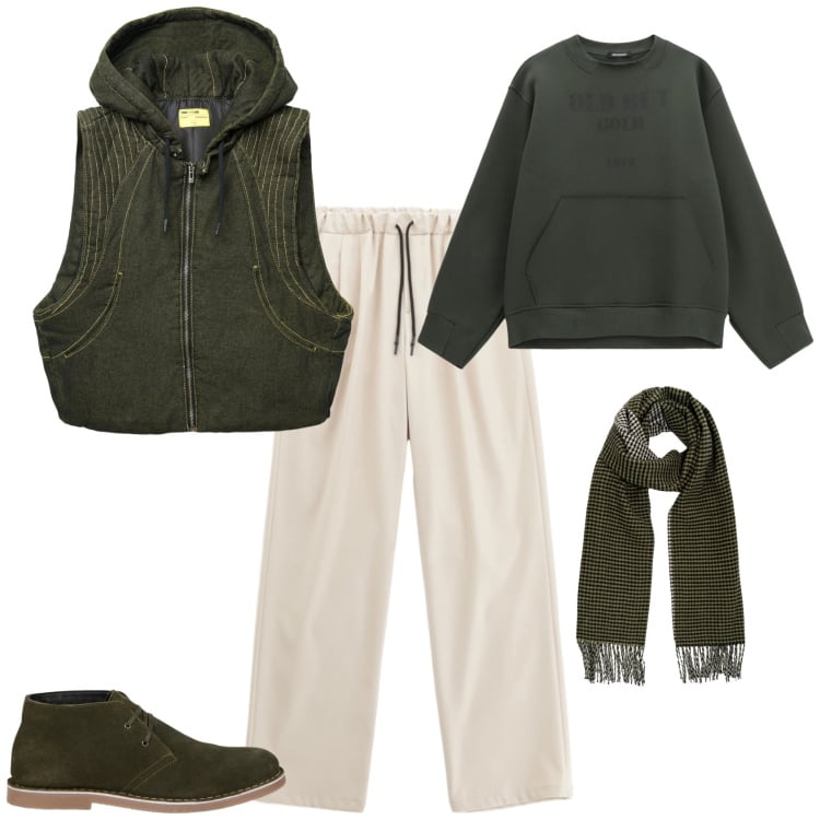 Outfit uomo - Total look #2266499. Stile Urban per Tutti i giorni. Abbinamento con gilet, pantaloni, felpe, stivali e stivaletti, sciarpe.