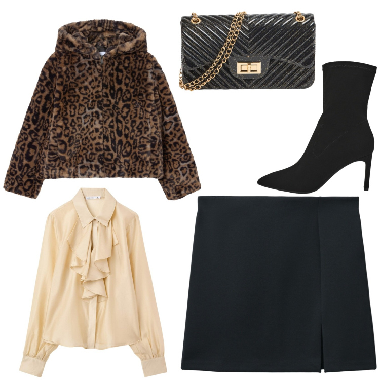 Outfit donna - Serata fra amici. Stile Chic per Serata fuori. Abbinamento con stivali, ecopellicce, camicie, minigonne, borse a tracolla.