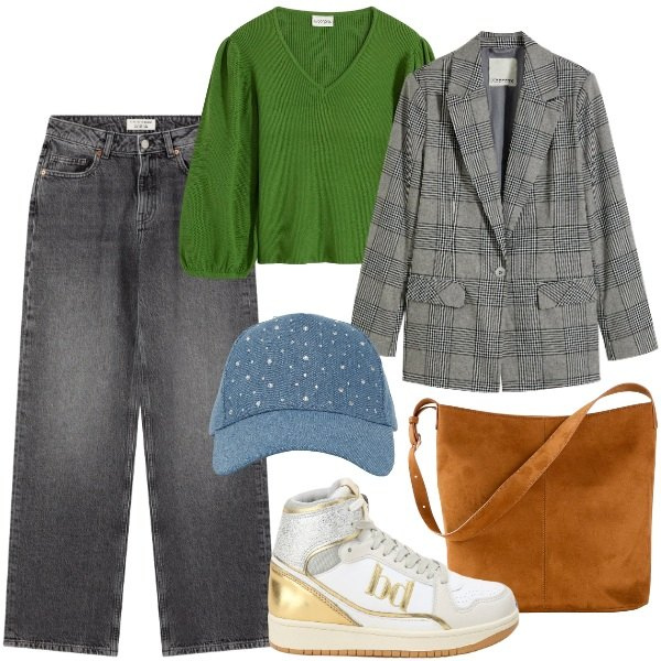 Outfit donna - Street style. Stile Urban per Tutti i giorni. Abbinamento con blazer, maglieria, borse a mano, cappelli, jeans, sneakers alte.