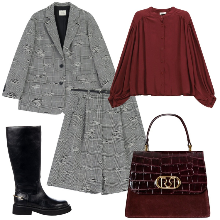 Outfit donna - Tailleur a quadri. Stile Basic per Serata fuori. Abbinamento con shorts, camicie, blazer, borse a mano, stivali sopra il ginocchio.