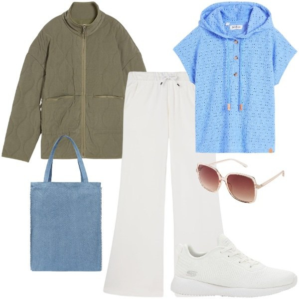 Outfit donna - Street style. Stile Urban per Tutti i giorni. Abbinamento con sneakers, maglieria, giacche, occhiali da sole, pantaloni, borse tote.