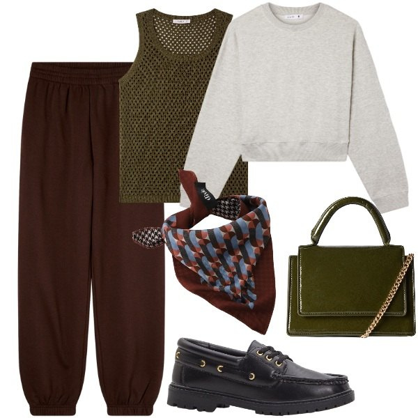 Outfit donna - Street style. Stile Urban per Tutti i giorni. Abbinamento con mocassini, top, borse a tracolla, felpe, pantaloni, foulard.