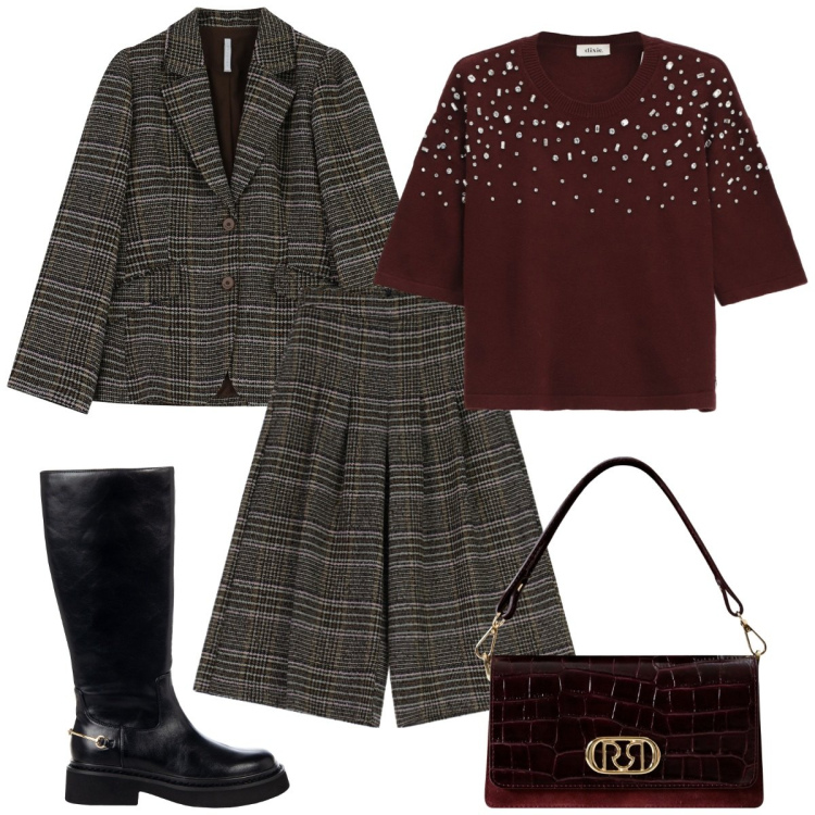 Outfit donna - Serata fuori. Stile Basic per Serata fuori. Abbinamento con borse a mano, stivali sopra il ginocchio, pantaloni a palazzo, blazer, maglieria.