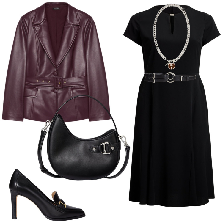 Outfit donna - Serata tra amiche. Stile Casual chic per Serata fuori. Abbinamento con ciondoli, borse a tracolla, cinture, vestiti, décolleté, blazer.