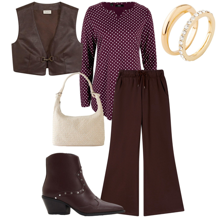 Outfit donna - Total look #2266513. Stile Boho per Tutti i giorni. Abbinamento con maglieria, stivaletti texani, anelli, shopping bag, gilet, pantaloni.