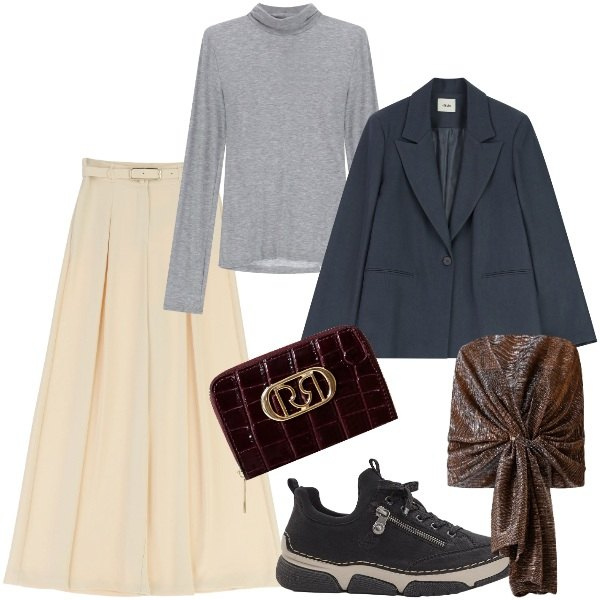 Outfit donna - street style. Stile Urban per Tutti i giorni. Abbinamento con sneakers, stole, portafogli, pantaloni, maglieria, blazer.